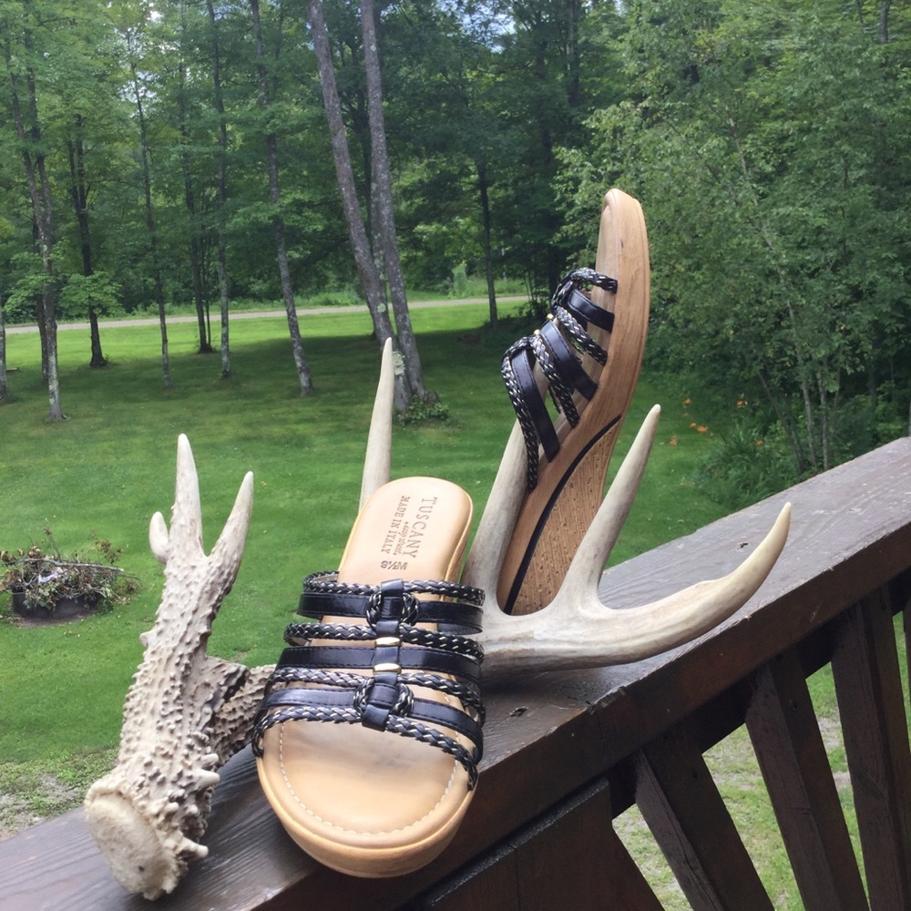 👣 WEDGE BLACK LEATHER CORK PLATFORM SANDALS  Sz 9  1/2  DUAL listed
